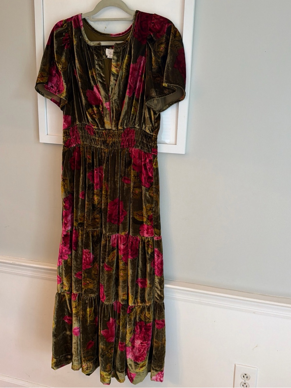 Anthropologie Velvet Maxi Dress in Olive and Fuchsia